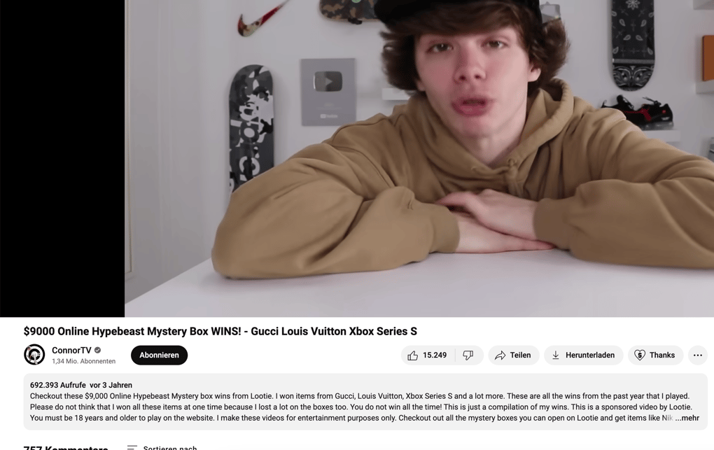 YouTube video of ConnorTV unboxing mystery boxes with an affiliate link.
