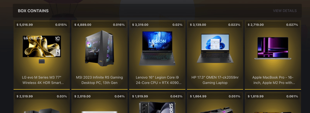 Mystery box website showing clear odds