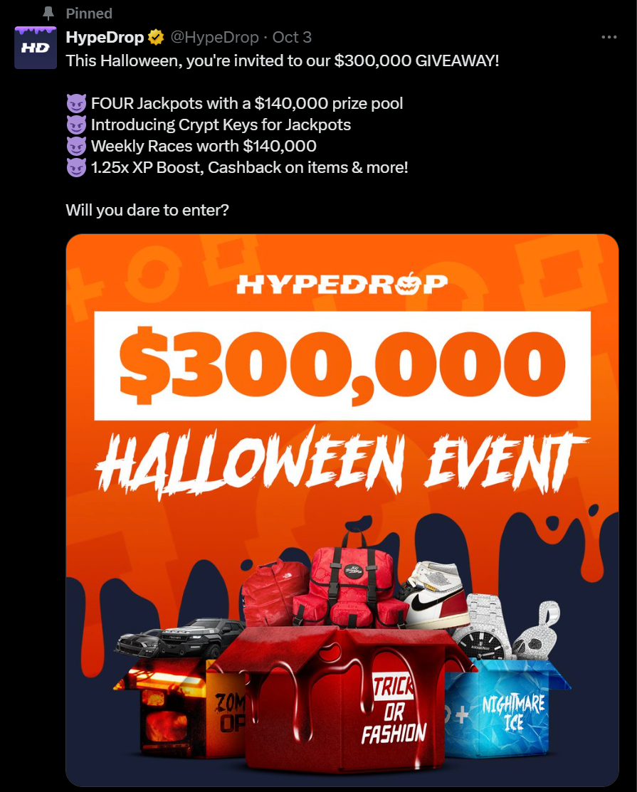 Hypedrop Halloween tweet for mystery boxes 