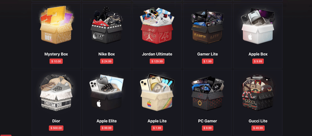 screenshot of mystery boxes