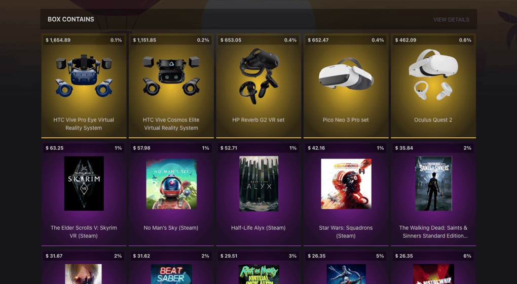 items in a VR mystery box on MysteryOpening