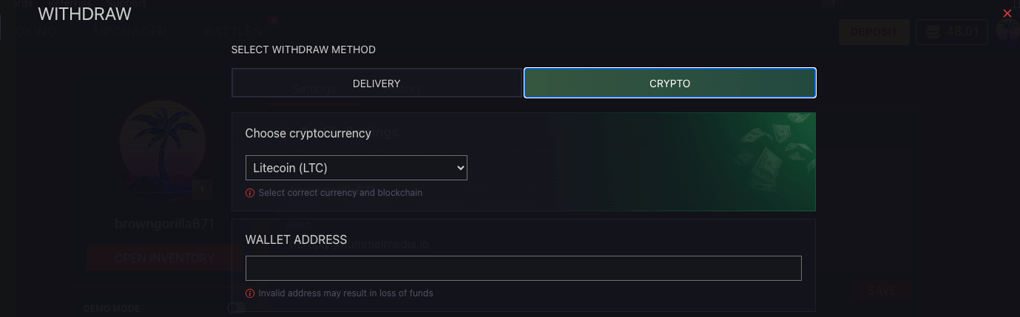 Screenshot of Mysteryopening withdraw page