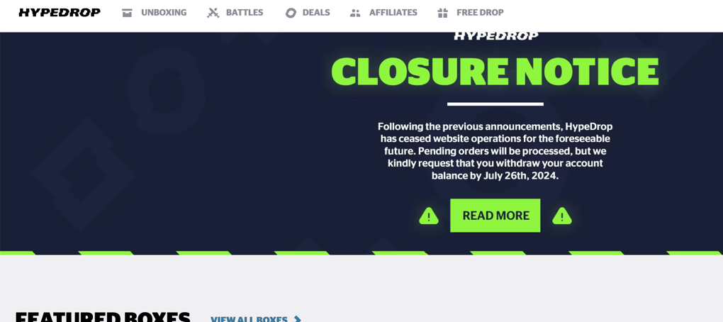 Hypedrop closure notice