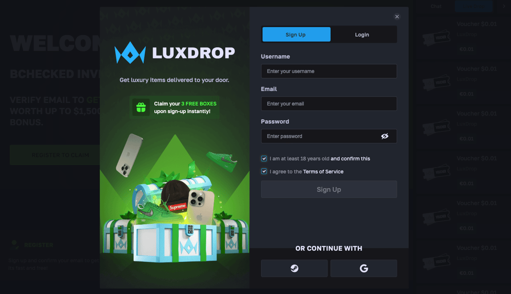 LuxDrop sign up page