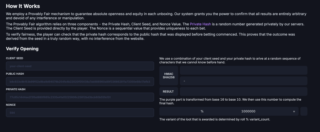 Provably fair page on Boxy.gg