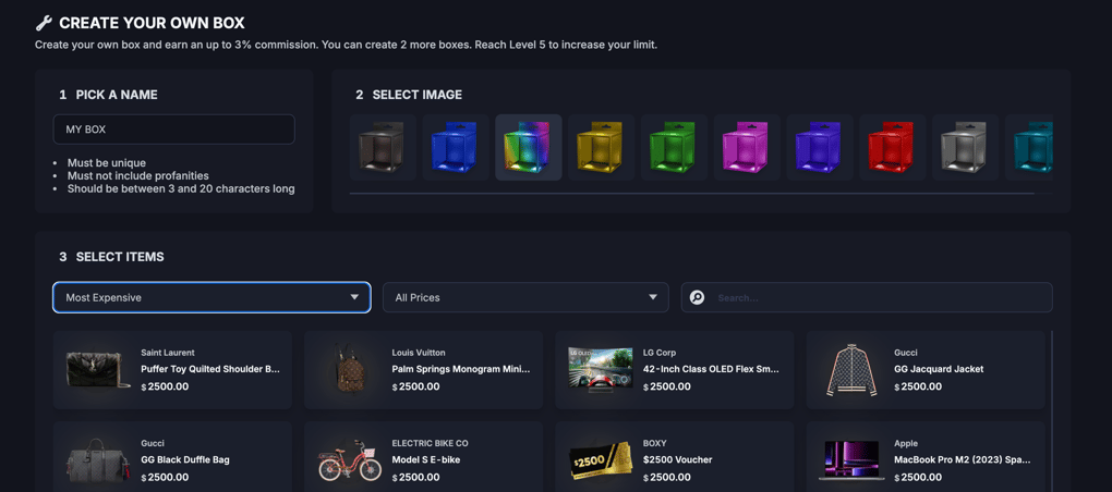 Custom mystery box editor on Boxy.gg