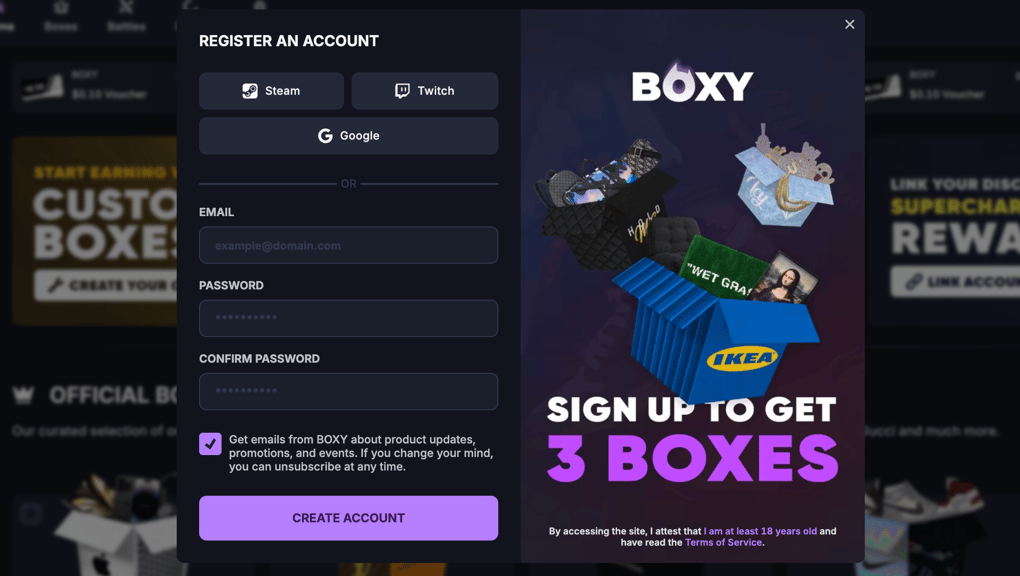 Boxy.gg sign up screen