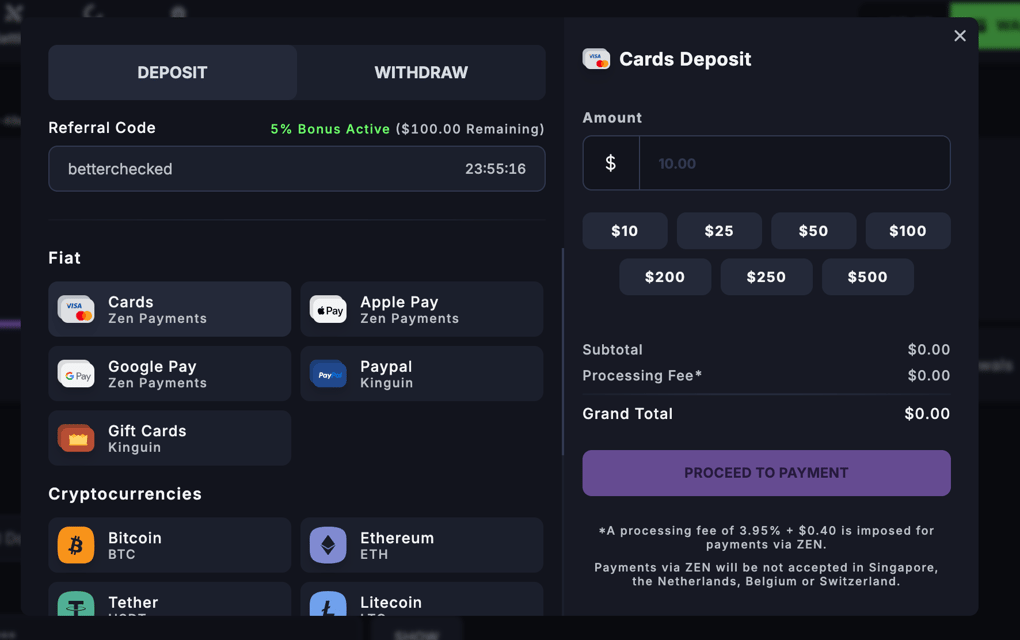 Deposit screen on Boxy.gg