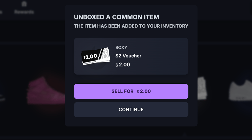 Dialogue on Boxy.gg to sell or keep an unboxed item