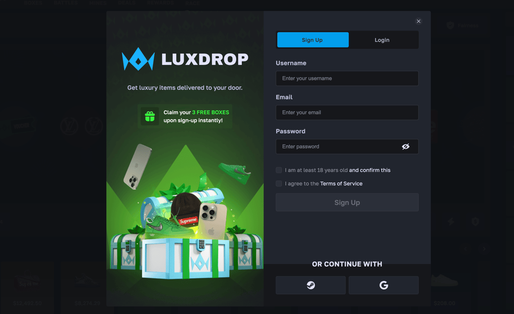 LuxDrop sign up screen