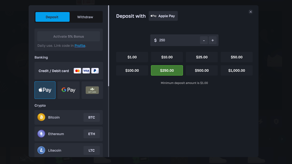 LuxDrop deposit screen including cards, crypos and Apple Pay