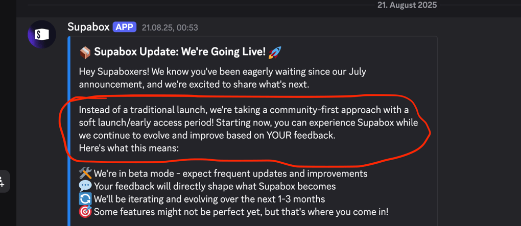 Beta launch message in Supabox Discord