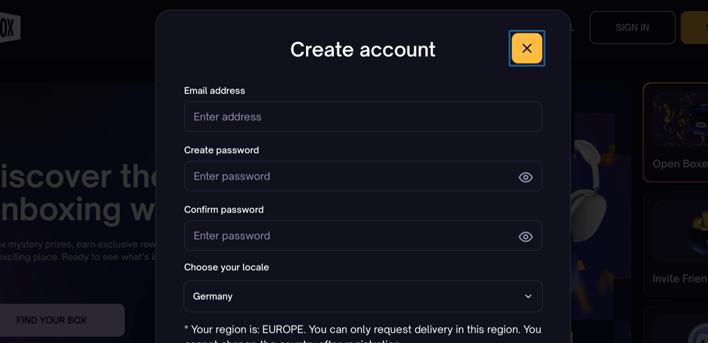 Sign up dialog on Supabox
