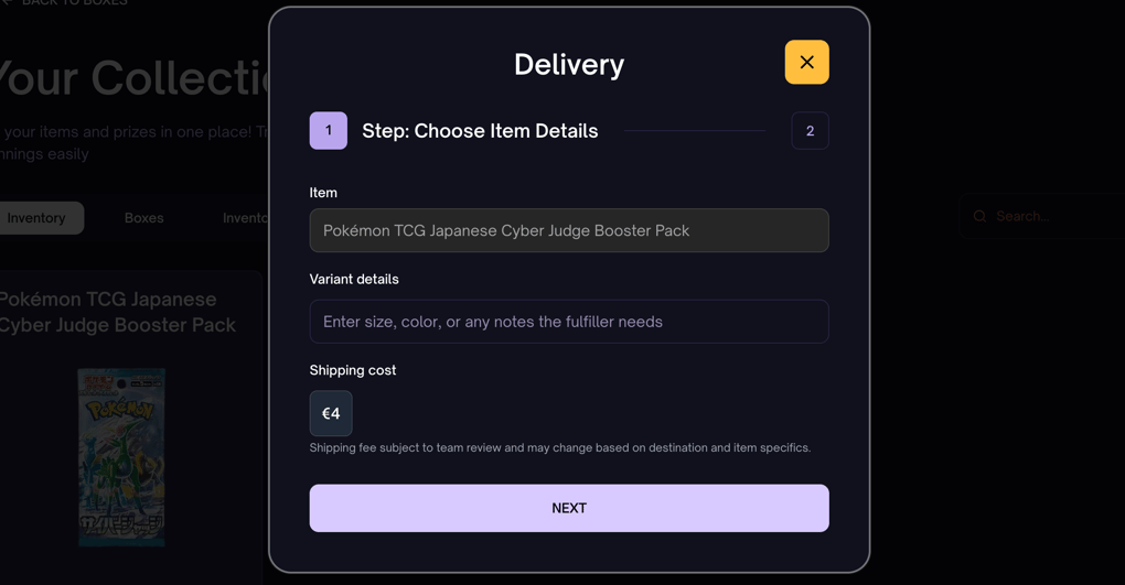 Delivery fee screen on Supabox