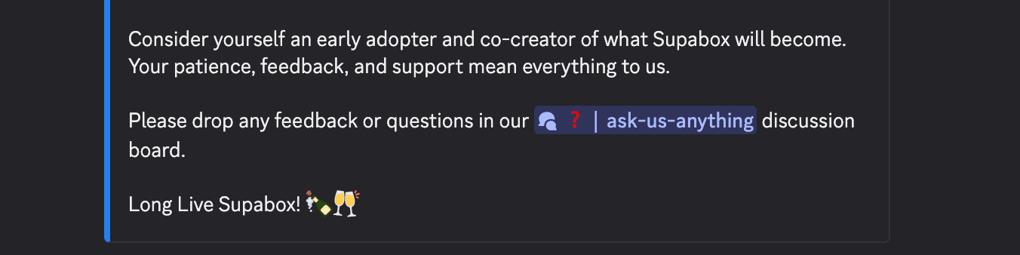 Discord feedback inviting members to share feedback on Supabox