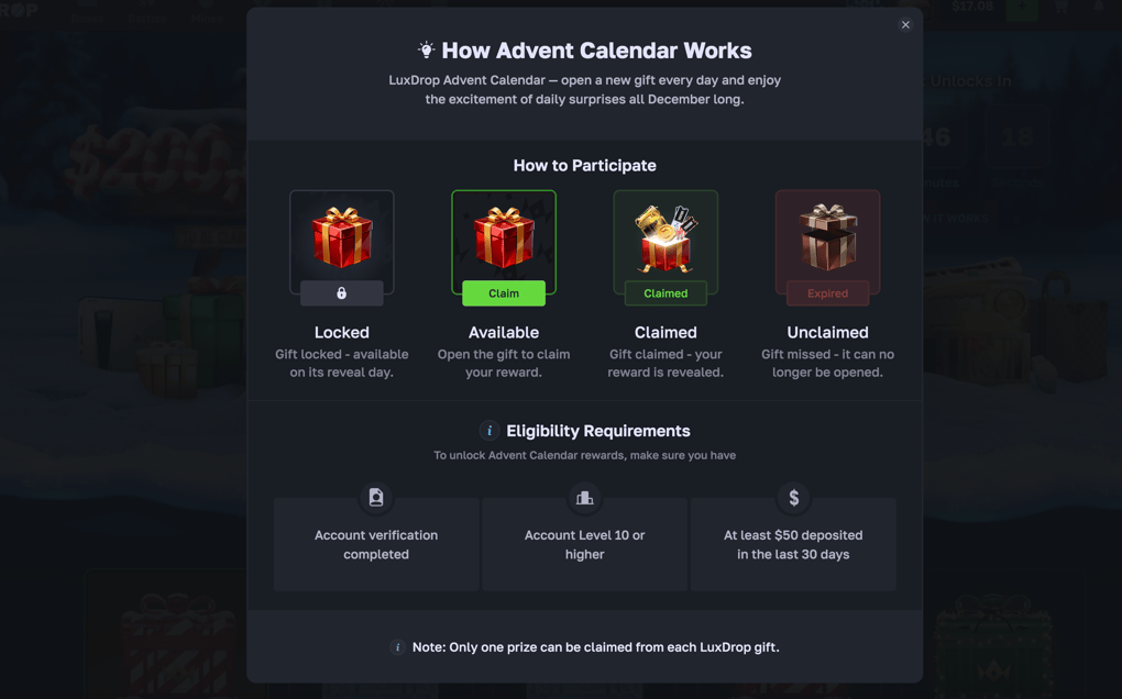 LuxDrop Advent Calendar requirements