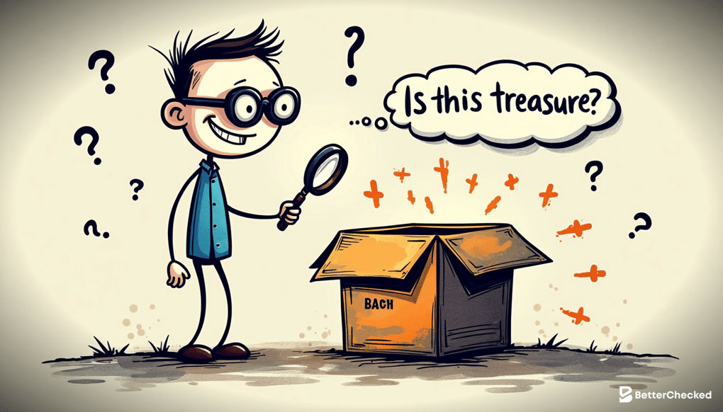 A DETAILED SKETCH OF A PERSON WITH A MAGNIFYING GLASS EXAMINING A MYSTERY BOX, WITH A COMICAL EXPRESSION OF CURIOSITY AND CAUTION, ILLUSTRATING THE PROCESS OF RESEARCHING BEFORE MAKING A PURCHASE