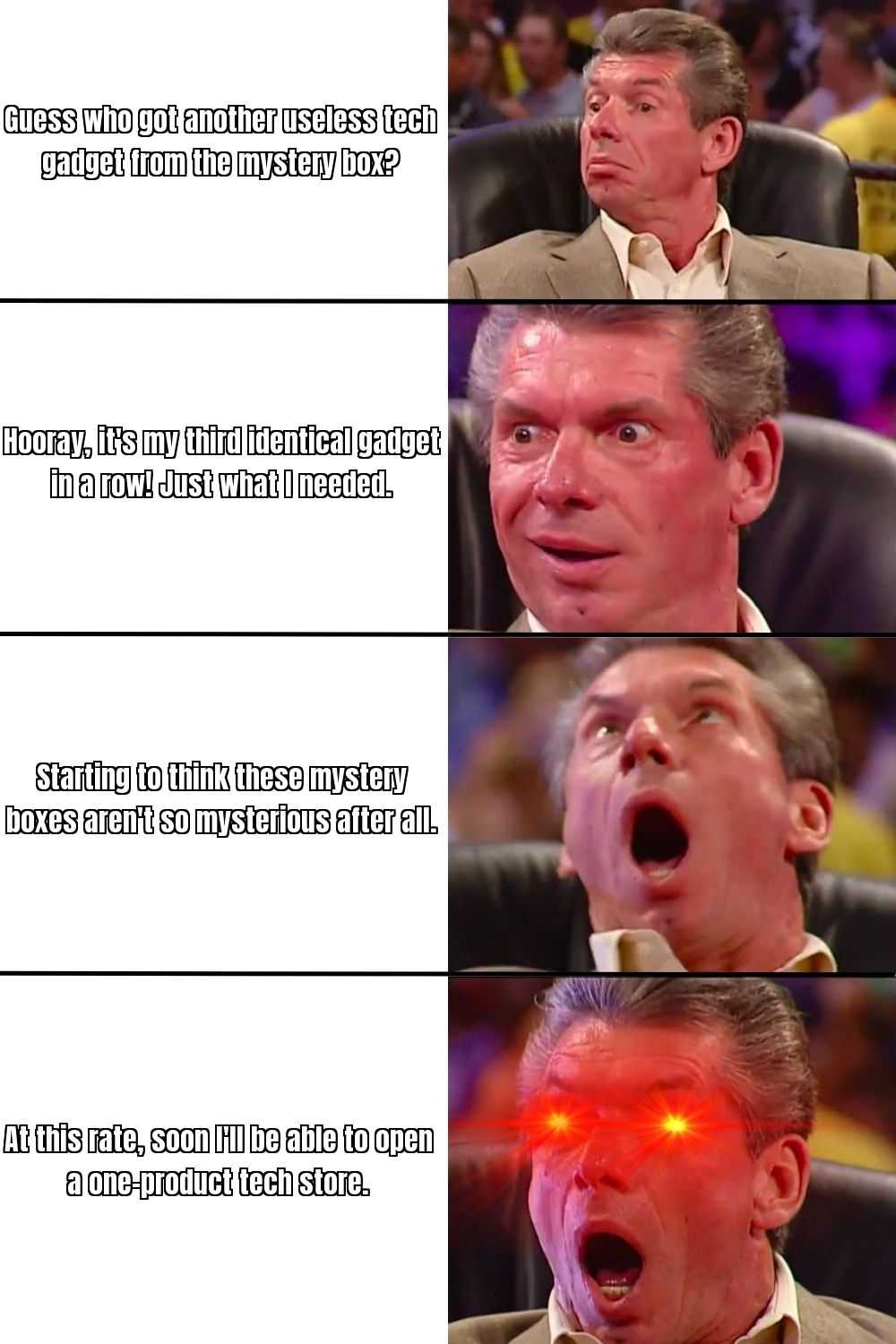 A funny meme about receiving the same tech gadget multiple times in mystery boxes
