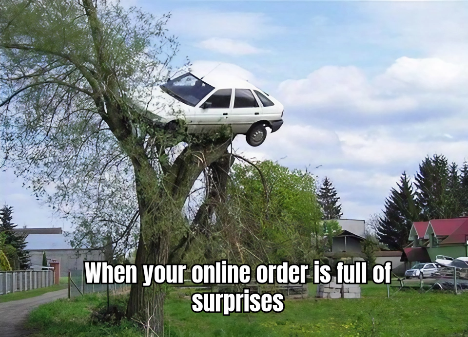 A HUMOROUS MEME SHOWING A PERSON EXCITEDLY OPENING A MYSTERY BOX AND FINDING A MIX OF UNEXPECTED ITEMS LIKE A T-SHIRT, A WATCH, AND A RUBBER DUCK, WITH THE CAPTION "WHEN YOUR MYSTERY BOX DELIVERS MORE THAN JUST FASHION!"