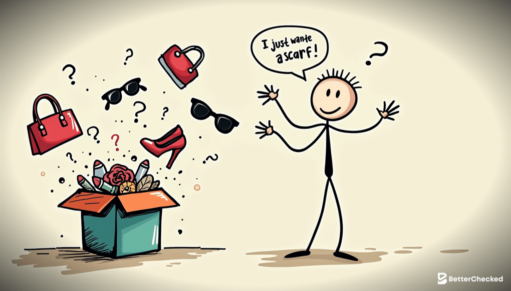 A simple drawing of a person juggling various items from a mystery box, with a humorous expression, illustrating the unpredictability of the contents.