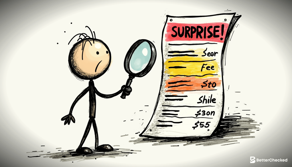 A simple sketch of a magnifying glass over a bill with hidden fees highlighted, humorously depicting the surprise charges process
