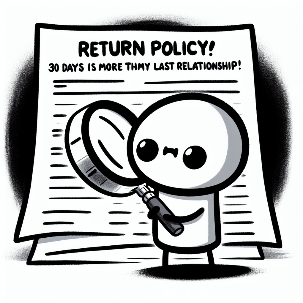 A simple sketch showing the process of checking return and refund terms with a humorous touch