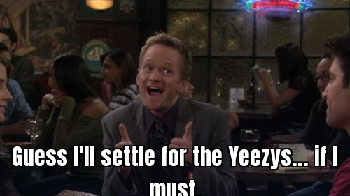 Funny meme of someone looking hopeful at a sneaker mystery box, actually unboxing a Yeezy Boost 350 V2s excitedly