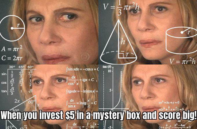 Meme of a person surrounded by amazing items from a mystery box, with a caption about scoring big with little investment