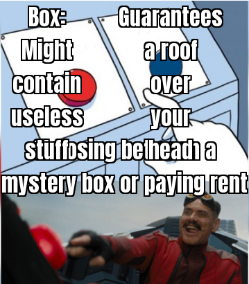 Person contemplating $1,000 spending decision with humorous caption about choosing between mystery box and rent